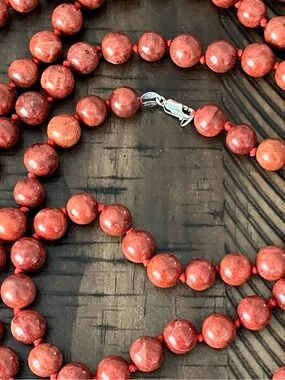 AIL Aluma Red Sponge Coral Beaded Necklace 60” Sterling Silver Clasp Knotted